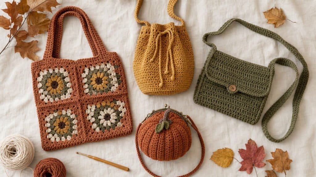Flat lay of fall crochet bag ideas including a granny square tote, bucket bag, and pumpkin purse