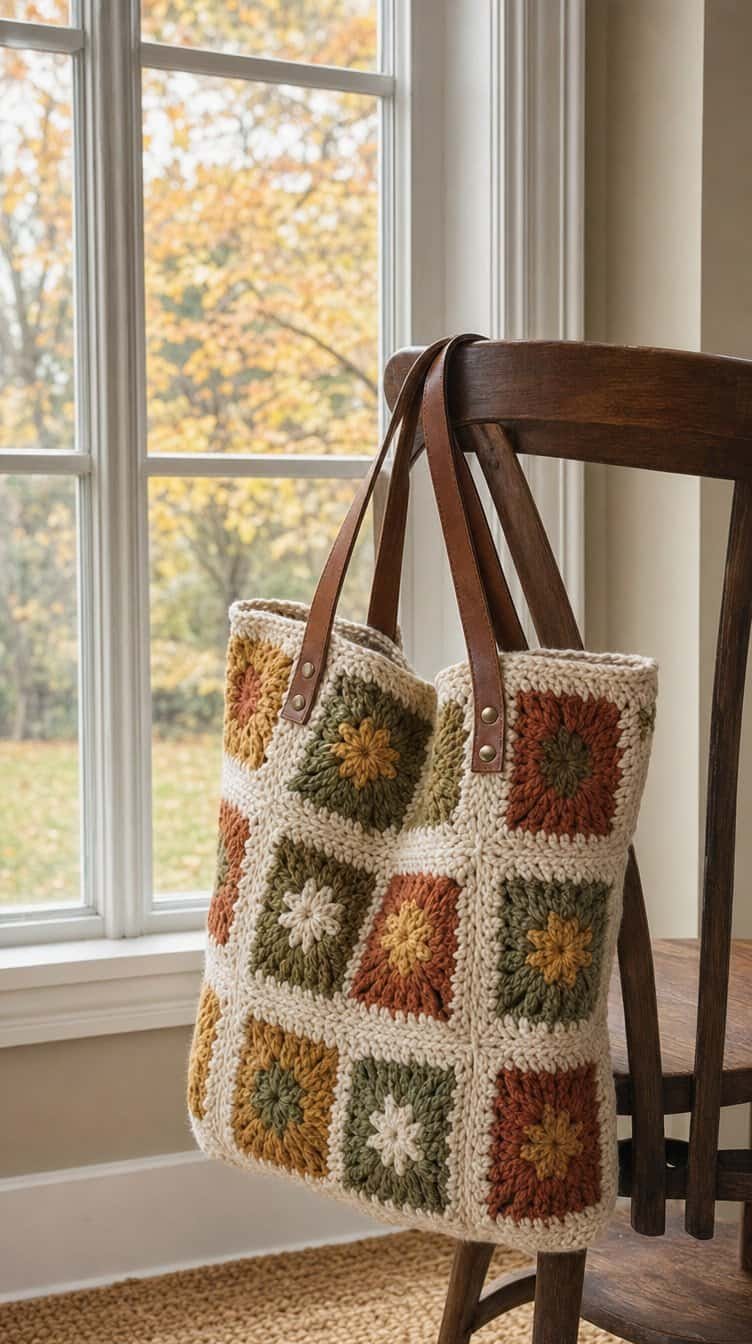 Crochet granny square tote bag in rust, mustard, olive, and cream with leather handles