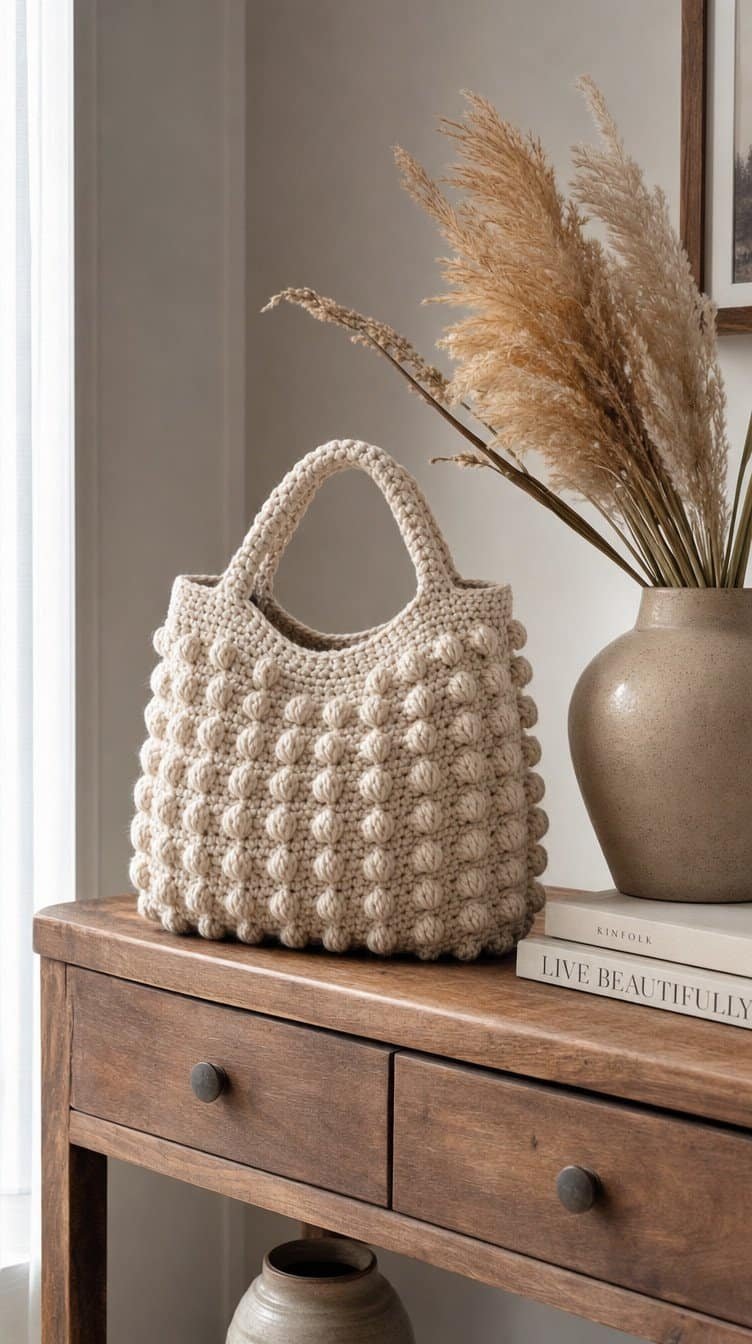 Cream bobble stitch crochet handbag with a short top handle beside dried pampas grass