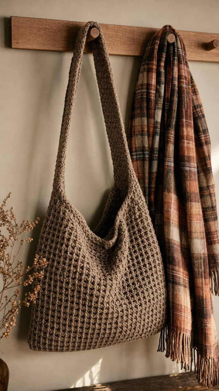 Slouchy taupe waffle stitch crochet hobo bag hanging on a wooden peg rail