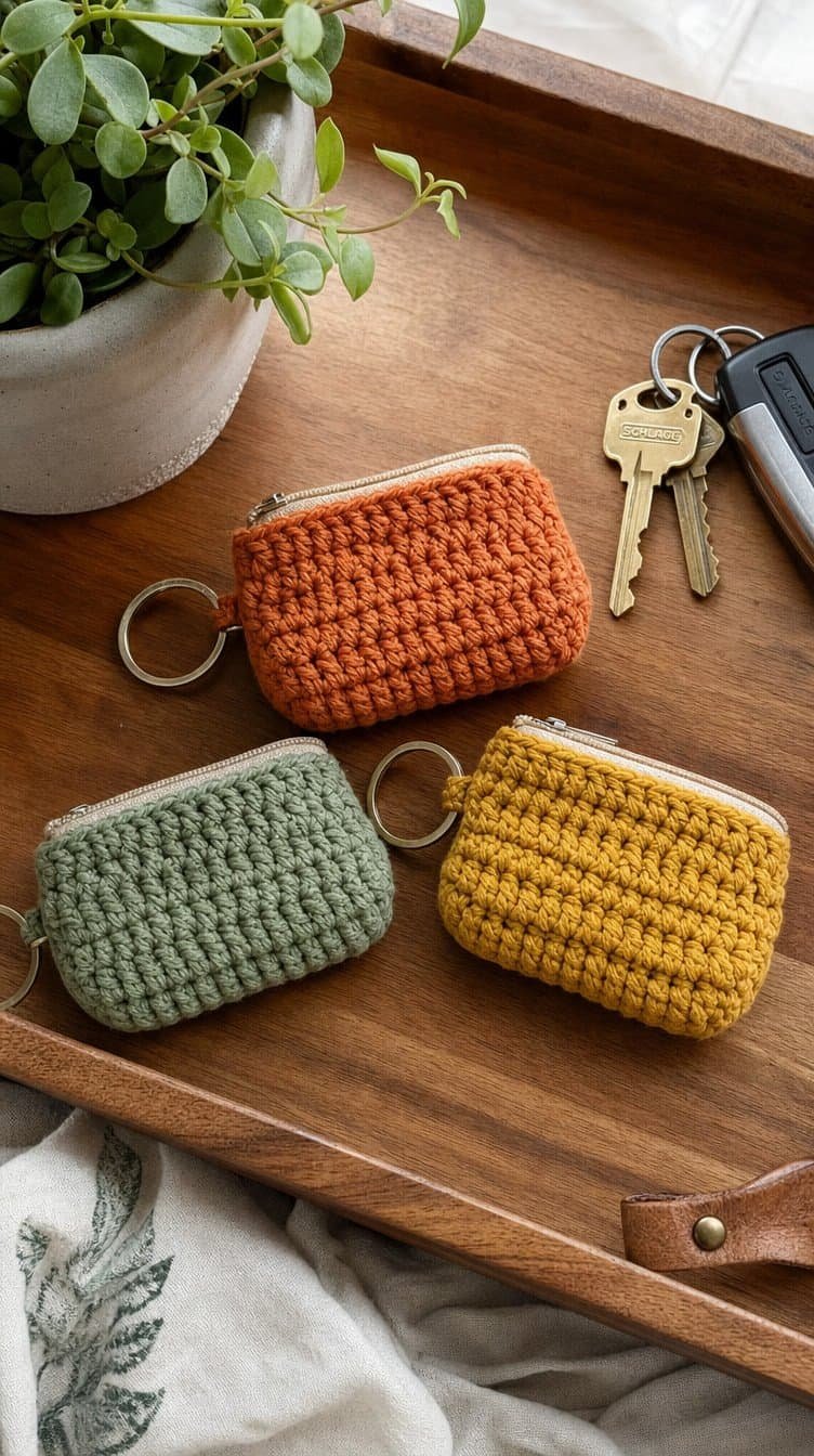 Tiny crochet coin pouch keychains in pumpkin, sage, and mustard with zippers and key rings