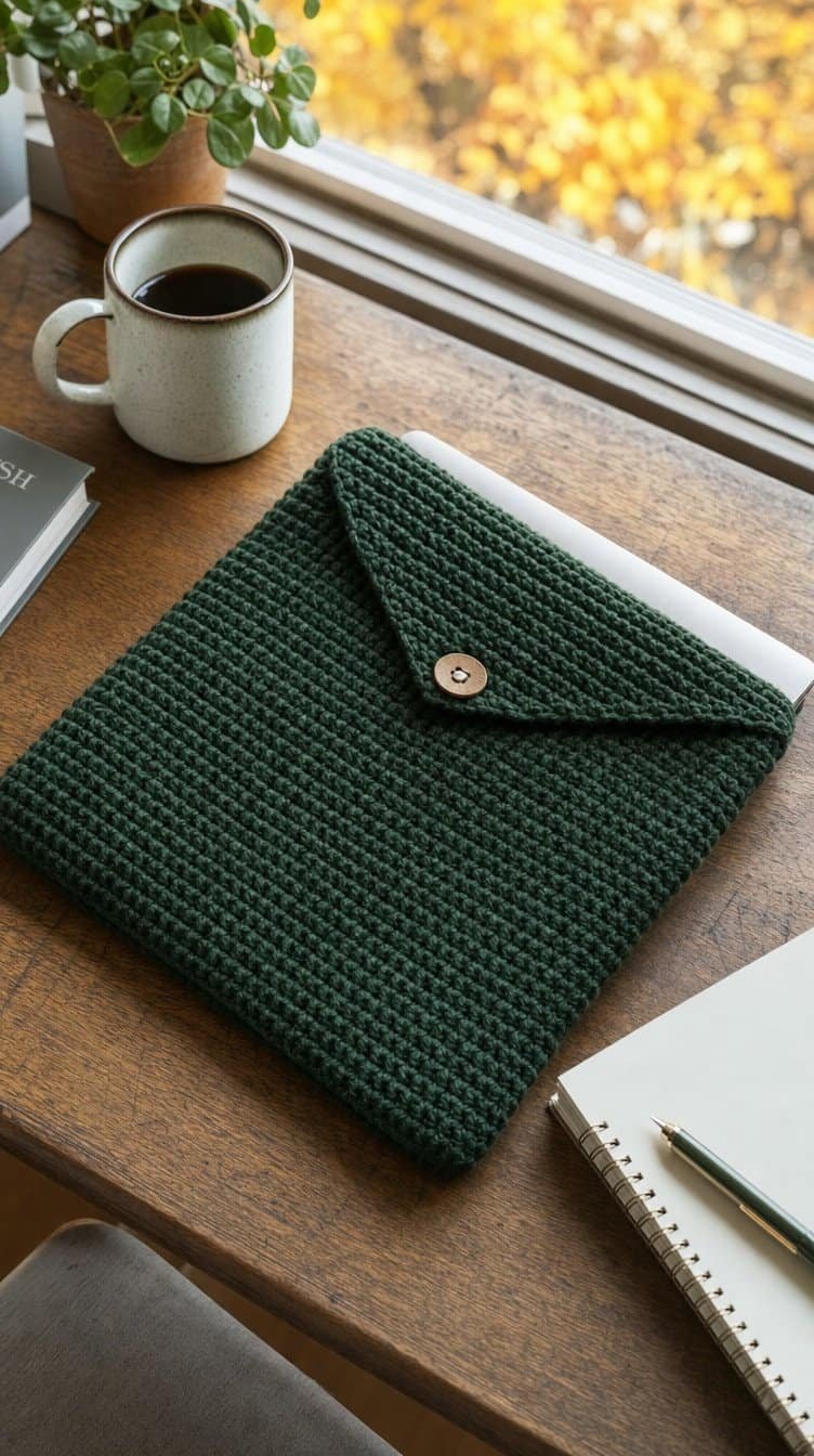 Forest green Tunisian crochet laptop sleeve with a button flap on a wooden desk