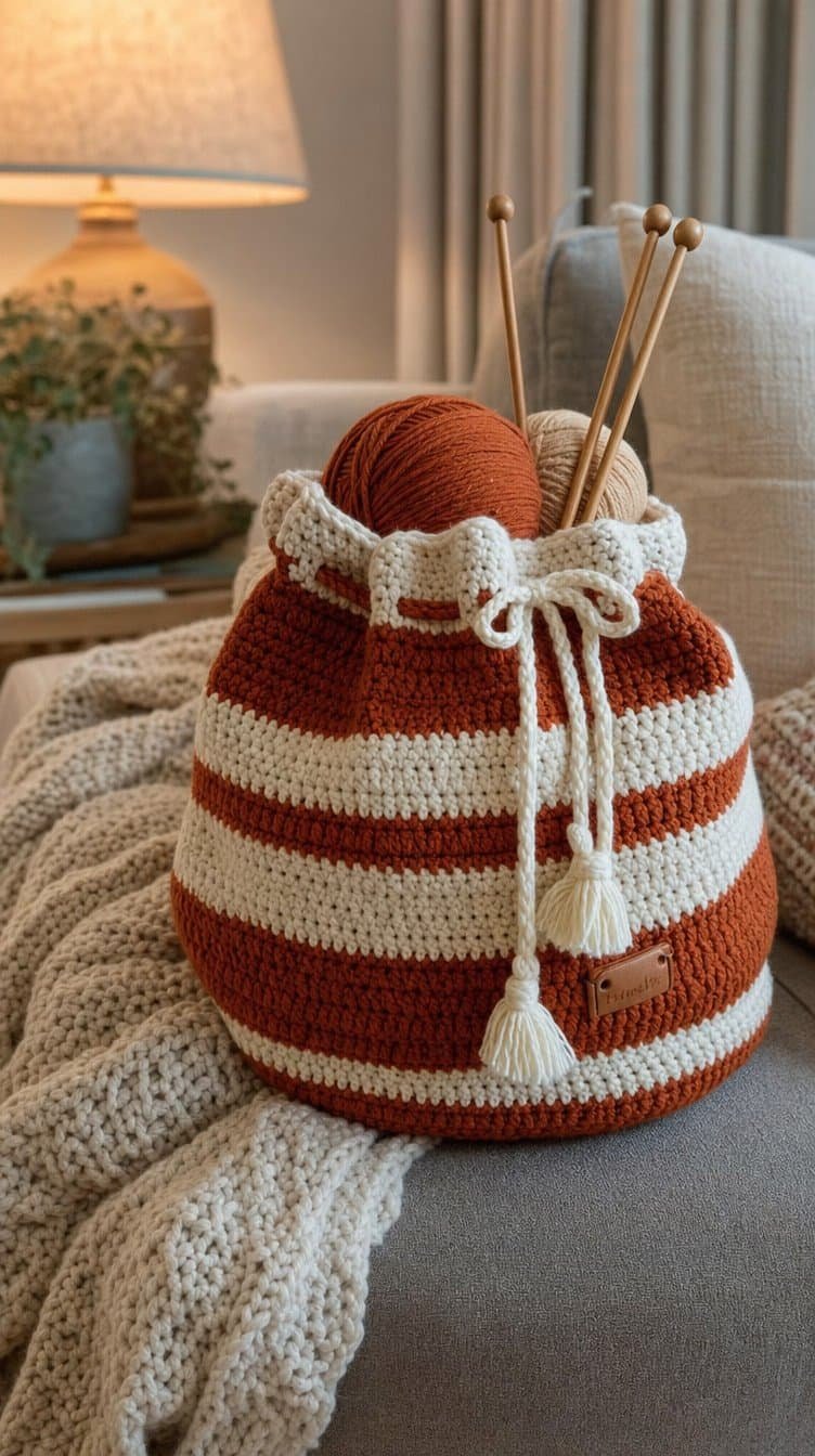 Rust and cream striped crochet project bag holding yarn balls on a sofa arm