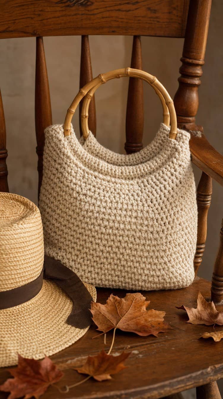 Cream crochet purse with round bamboo ring handles on a vintage wooden chair