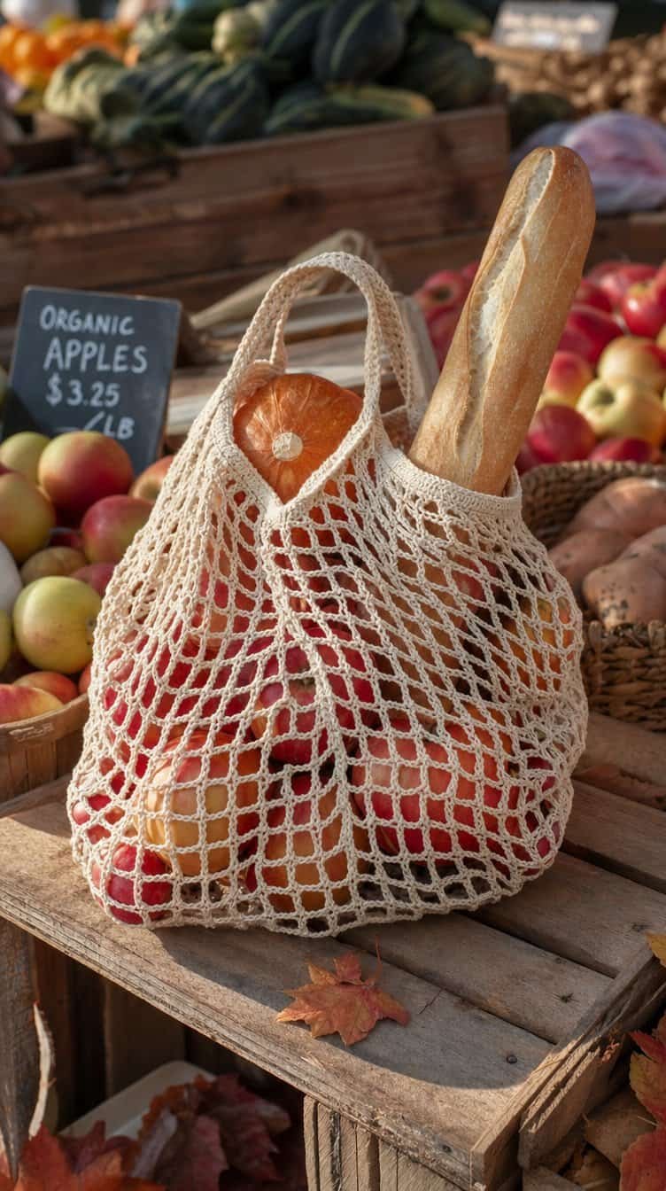 Cream crochet mesh market bag filled with apples, a small pumpkin, and a baguette