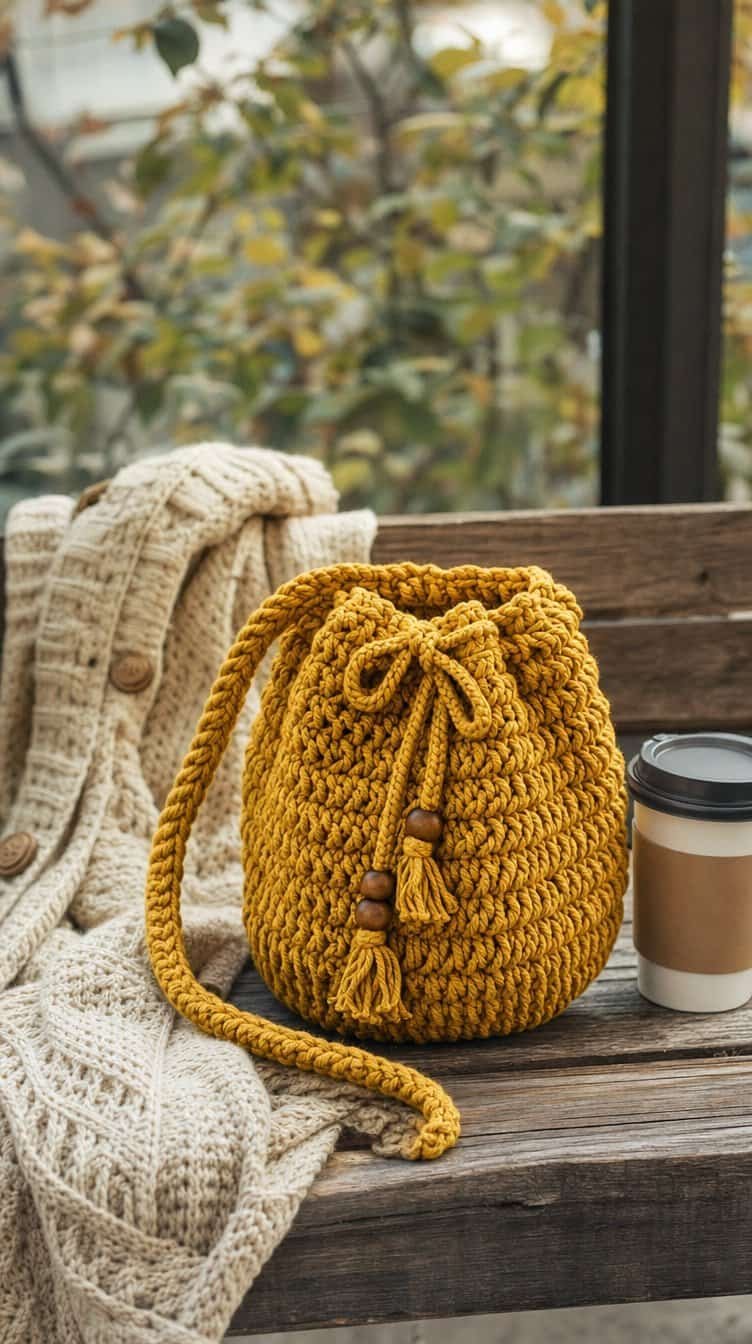Chunky mustard crochet bucket bag with drawstring top and rope handle on a wooden bench