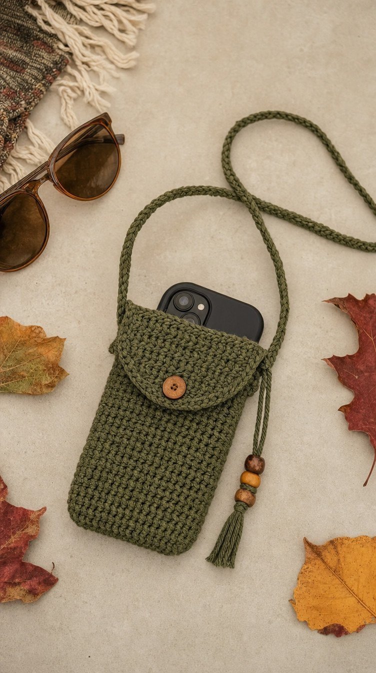 Olive green crochet crossbody phone bag with braided strap and wooden bead accent