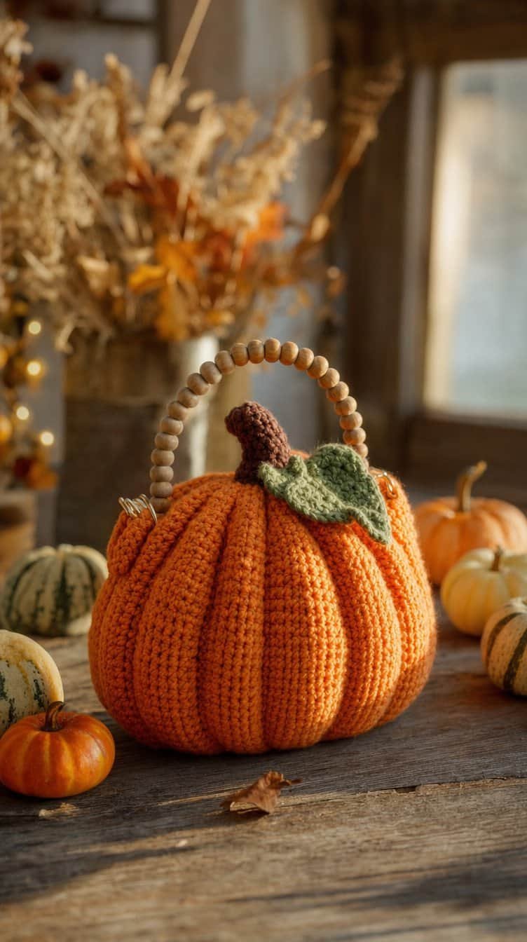 Orange crochet pumpkin shaped purse with brown stem, green leaf, and wooden bead handle