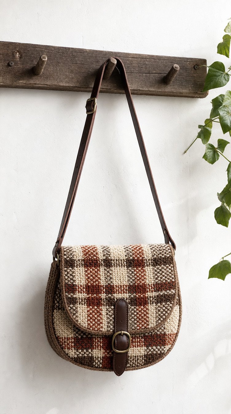 Rust and cream plaid tapestry crochet saddle bag with a leather buckle strap
