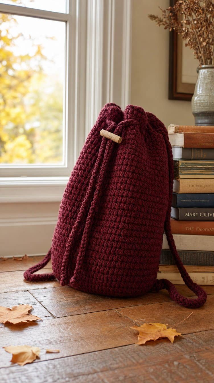 Burgundy crochet drawstring backpack with cord straps leaning against a stack of books