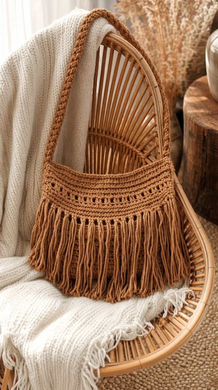 Camel boho crochet shoulder bag with long fringe draped over a rattan chair