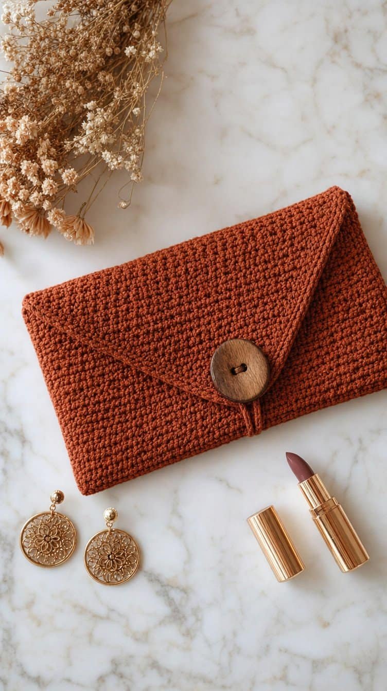 Rust crochet envelope clutch with a large wooden button on a marble surface