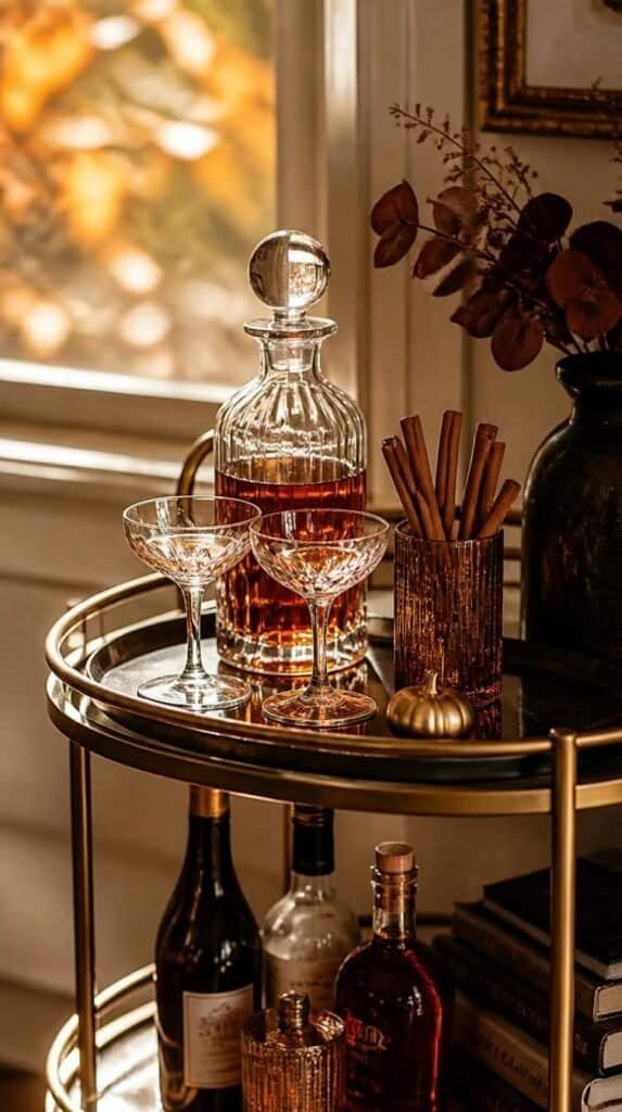 Small styled bar cart with a glass decanter and cinnamon sticks