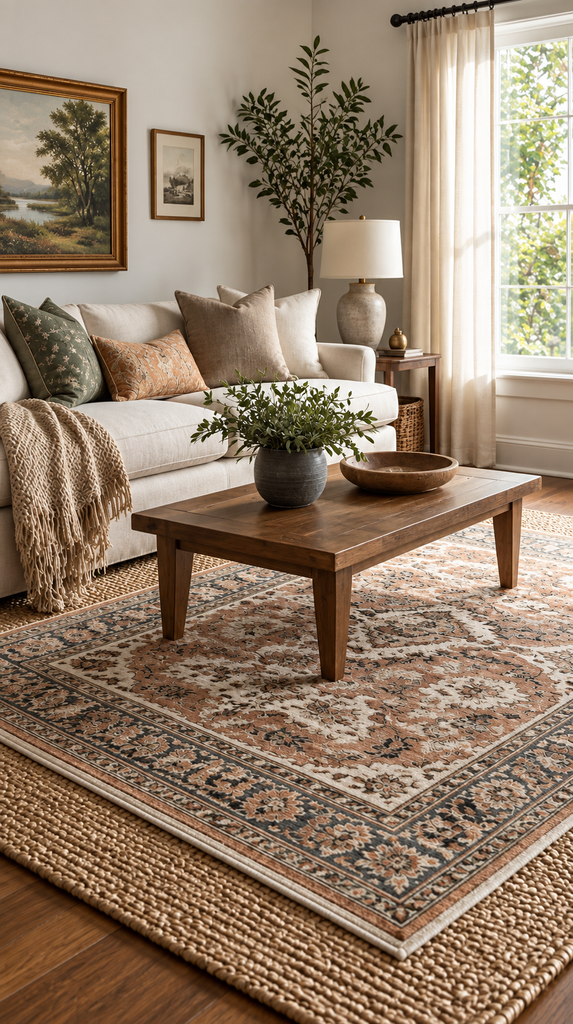 Layered area rugs with a jute rug topped by a smaller patterned accent rug