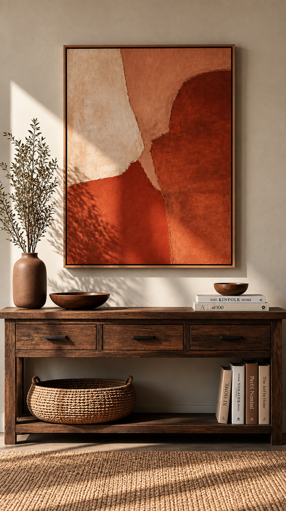 Single piece of abstract wall art in rust and terracotta tones hung above a console table