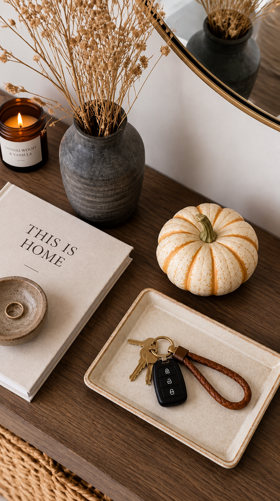 Finished fall entryway flat lay with layered rug, bench, and styled console decor