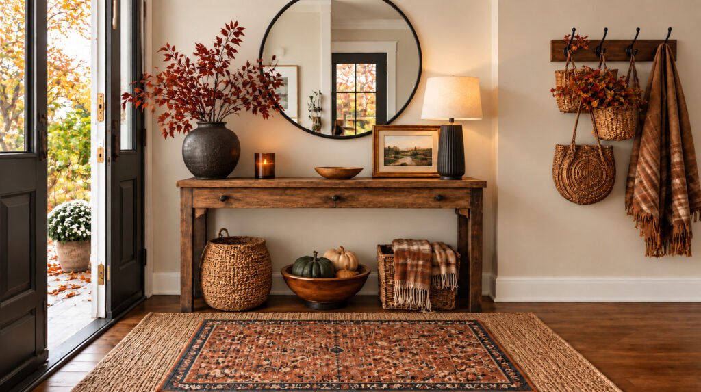 Styled fall entryway with warm neutral tones, layered rug, and console table decor