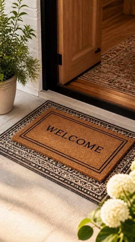 Layered coir and woven doormats stacked outside a front door for fall
