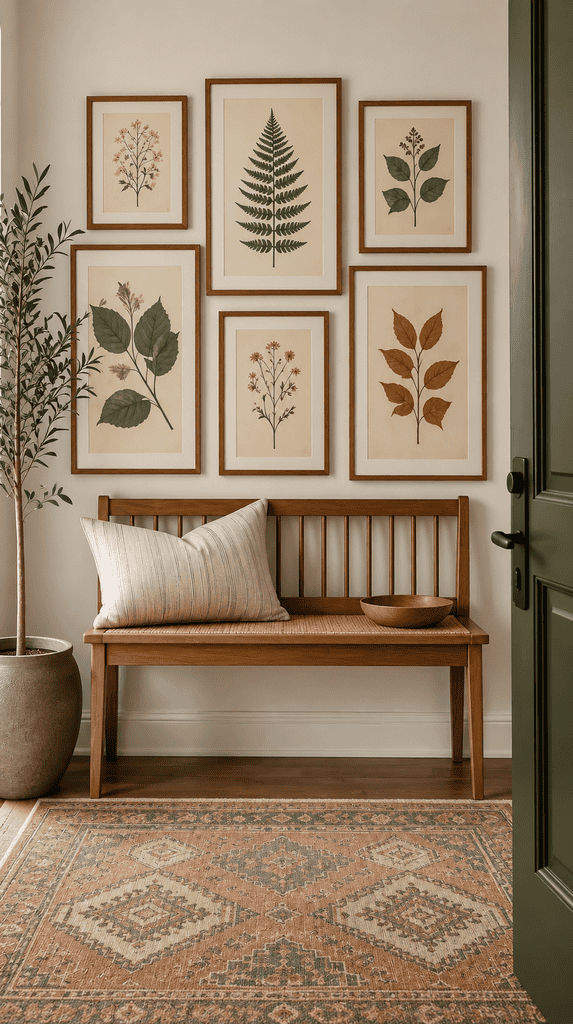 Small framed gallery wall of botanical prints above a bench in a fall entryway
