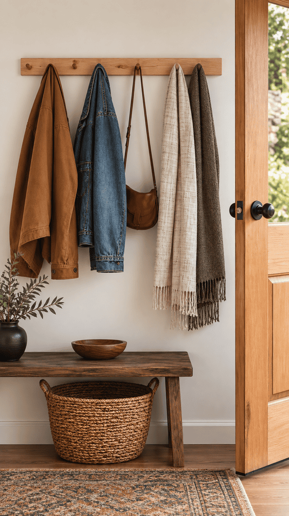 Freestanding wood peg coat rack styled with jackets and scarves for fall