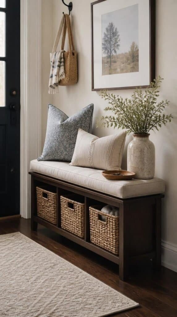 Low shoe storage bench with cubbies styled in a fall entryway
