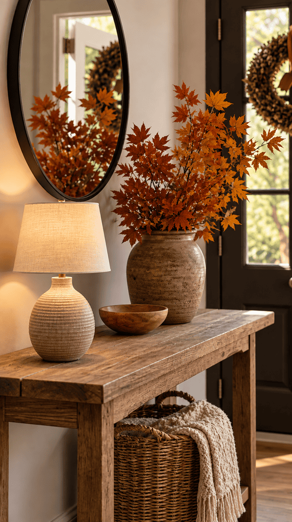 Small ceramic table lamp glowing warm light on an entryway console table