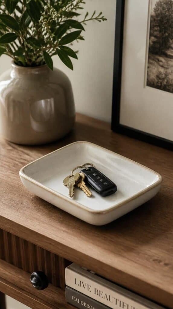 Ceramic catch all tray holding keys and sunglasses on an entryway table