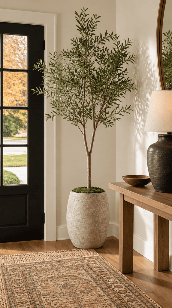 Faux olive tree in a woven basket planter styled in an entryway corner