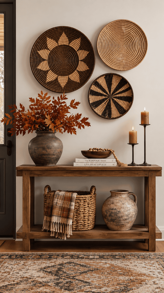 Three woven wall baskets arranged in a cluster above an entryway bench