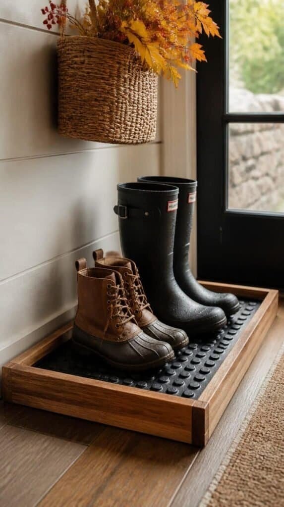 Rubber boot tray holding rain boots near a fall entryway door