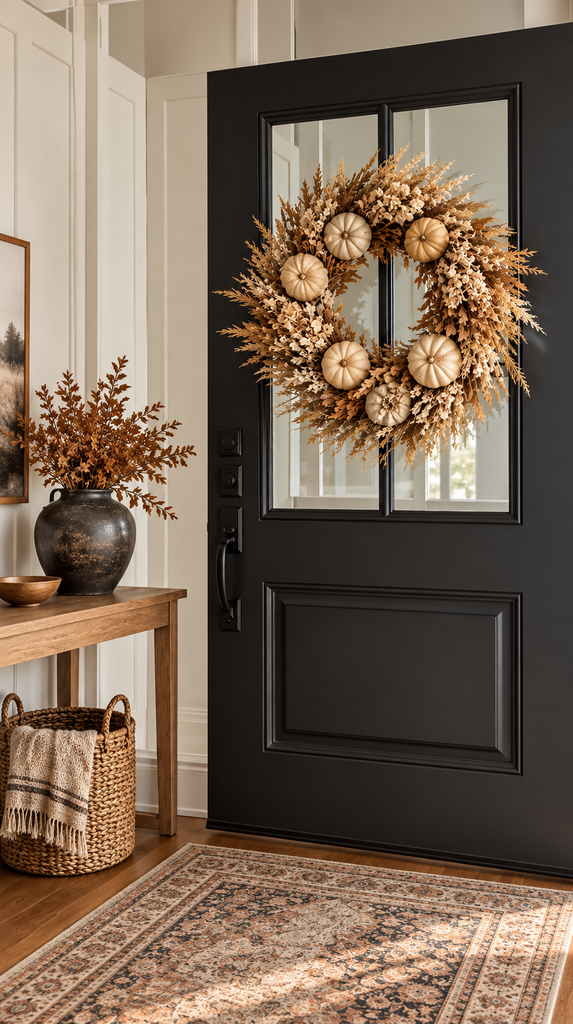 Neutral dried floral wreath hung on the inside of a fall entryway door