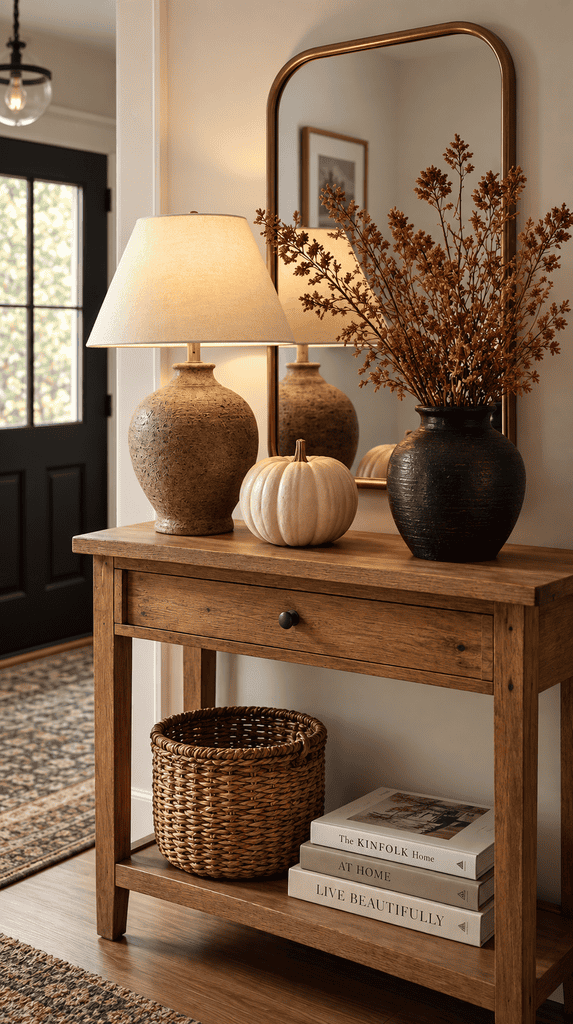 Wall mounted wood hooks paired with small woven baskets in a fall entryway