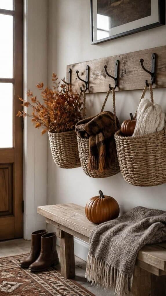 Wall mounted wood hooks paired with small woven baskets in a fall entryway