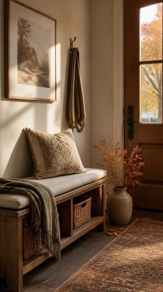 Wood entryway bench with neutral cushion and folded throw blanket for fall