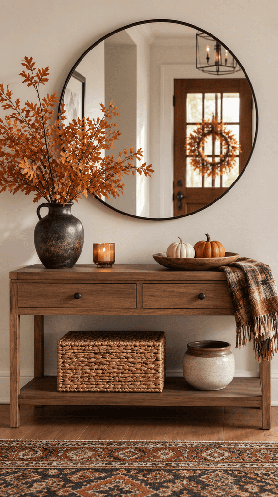 Round wood framed mirror hung above a console table in a fall styled entryway