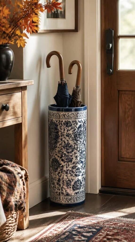 Woven umbrella stand holding umbrellas and a walking cane by a fall entryway door