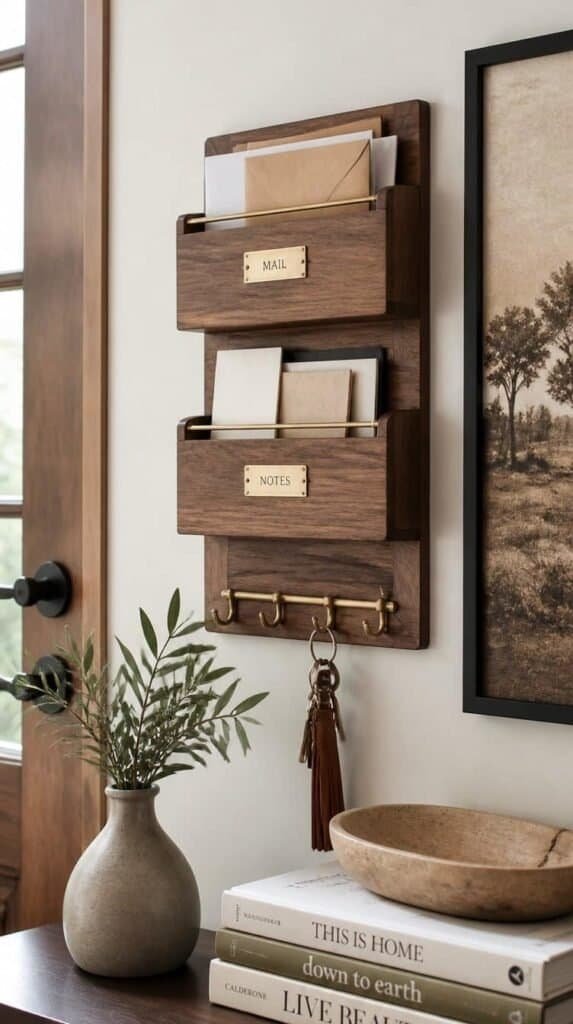 Wall mounted wood mail organizer with sorted envelopes in an entryway