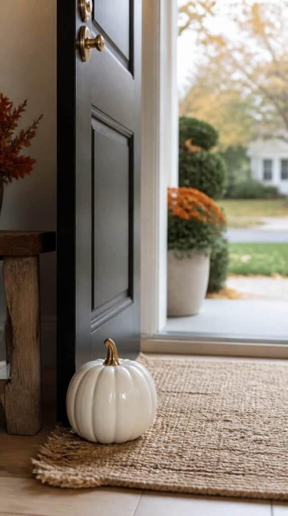 Wood and ceramic pumpkins styled near a doorway inside a fall entryway