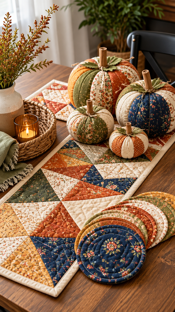 Finished fall fabric scrap crafts including pumpkins, coasters, and a table runner arranged together