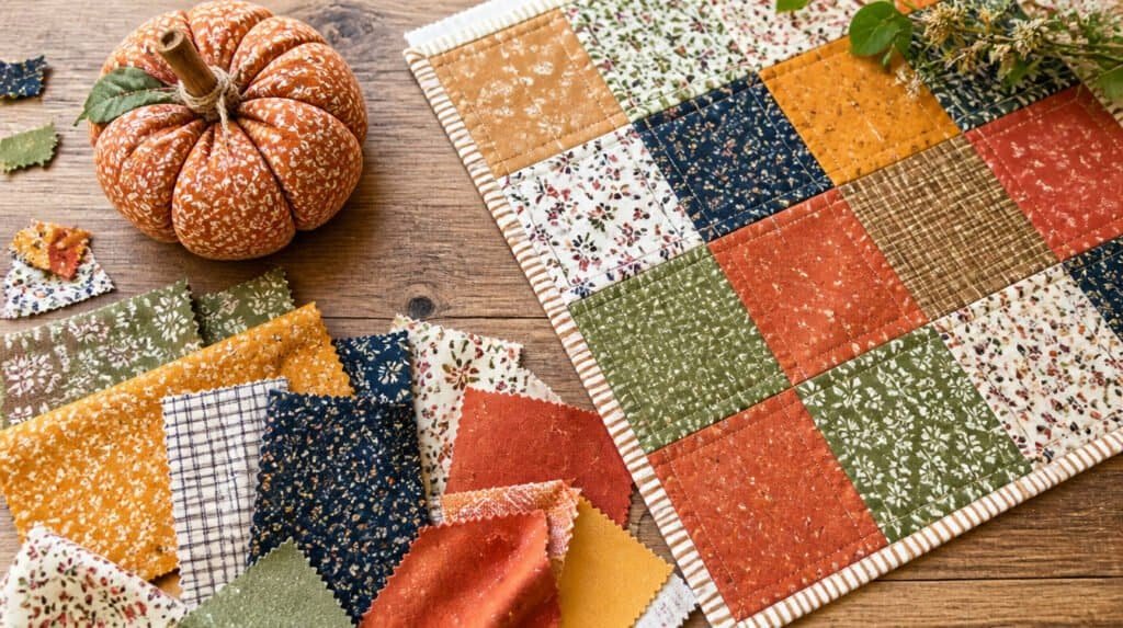 Colorful fabric scraps and finished fall fabric crafts arranged on a wood table