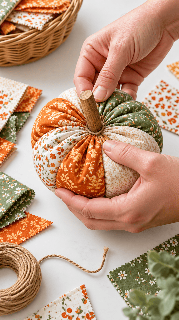 Hands assembling a no sew fabric pumpkin from scrap fabric squares - fall fabric crafts