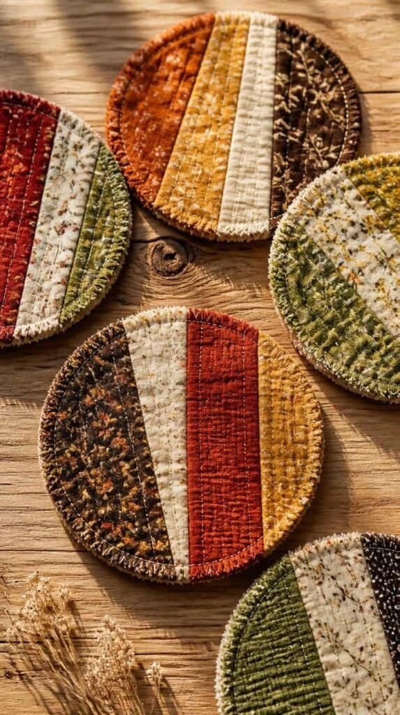 Round fabric scrap coasters in fall colors on a wood table