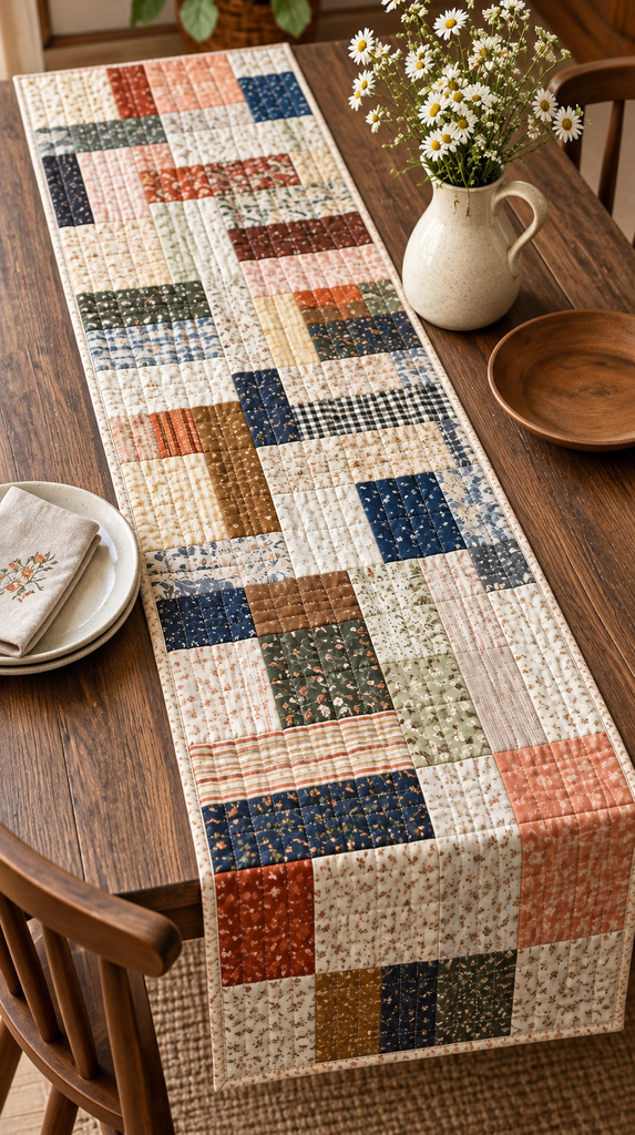 Patchwork fabric table runner made from scrap fabric on a dining table