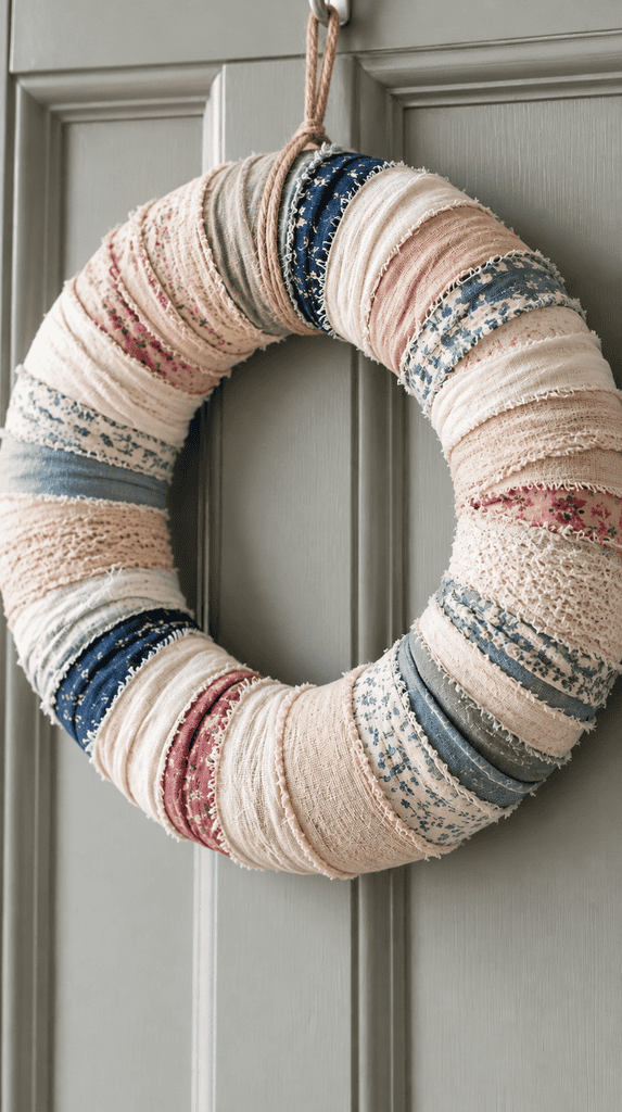 Fabric wrapped wreath made from scrap fabric strips hanging on a door