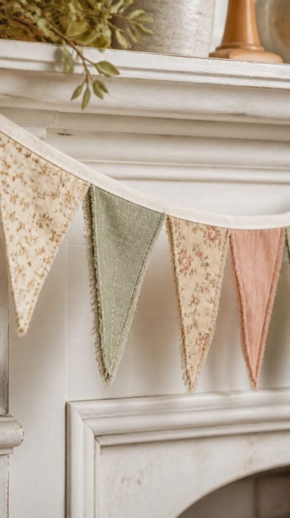 Scrap fabric garland made of triangular flags draped across a mantel