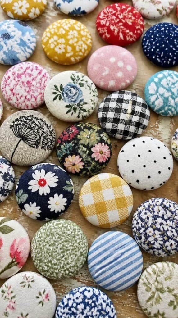 Fabric covered buttons in assorted prints on a craft table