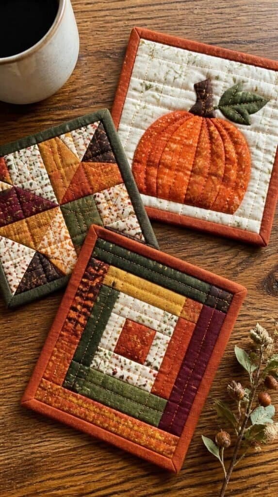 Quilted fabric mug rugs in fall colors on a wood table
