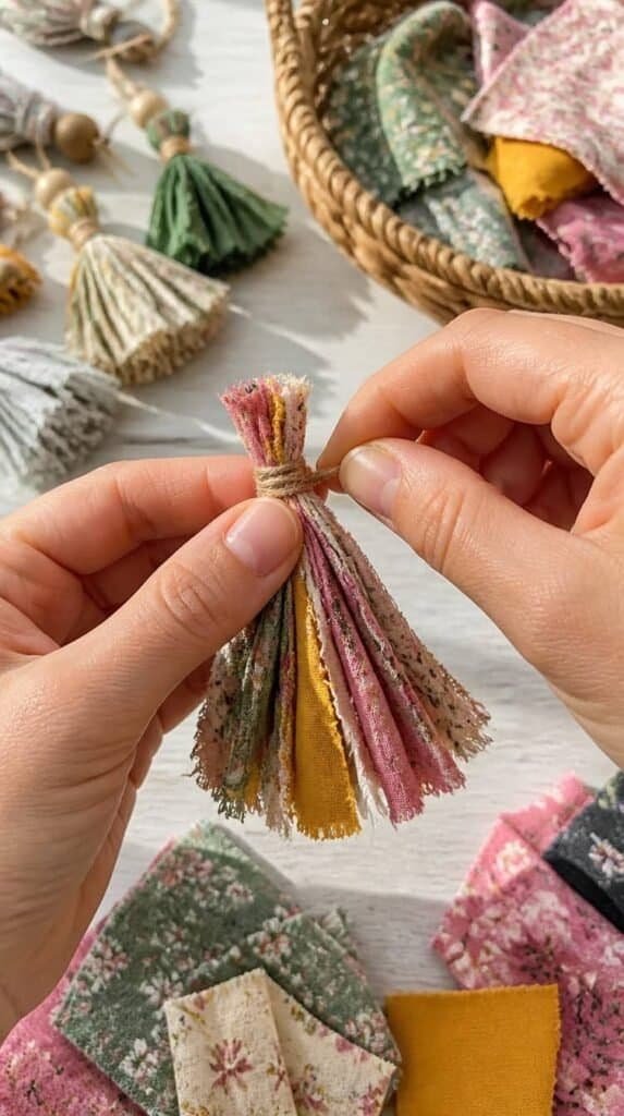 Hands making fabric scrap tassels on a craft table