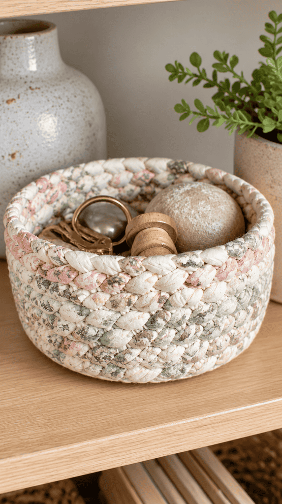 Braided fabric scrap basket holding small items on a shelf