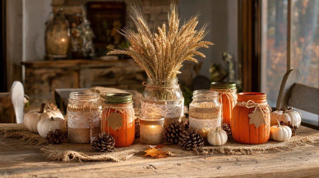 Farmhouse table styled with fall mason jar crafts, painted pumpkin jars, and burlap candle jars